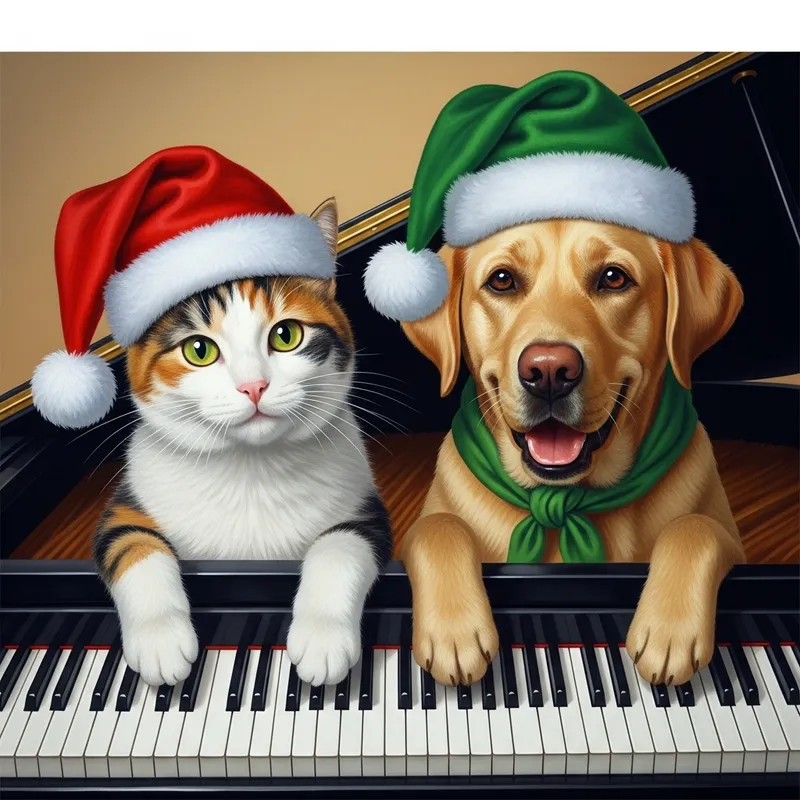 Happy Tricolor Cat and Labrador Dog in Christmas Hats Playing Piano