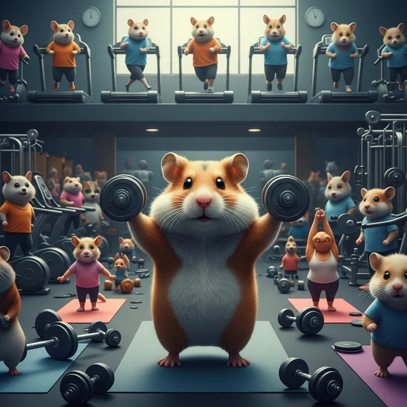 Realistic Gym Scene with Hamster and Other Animals Working Out