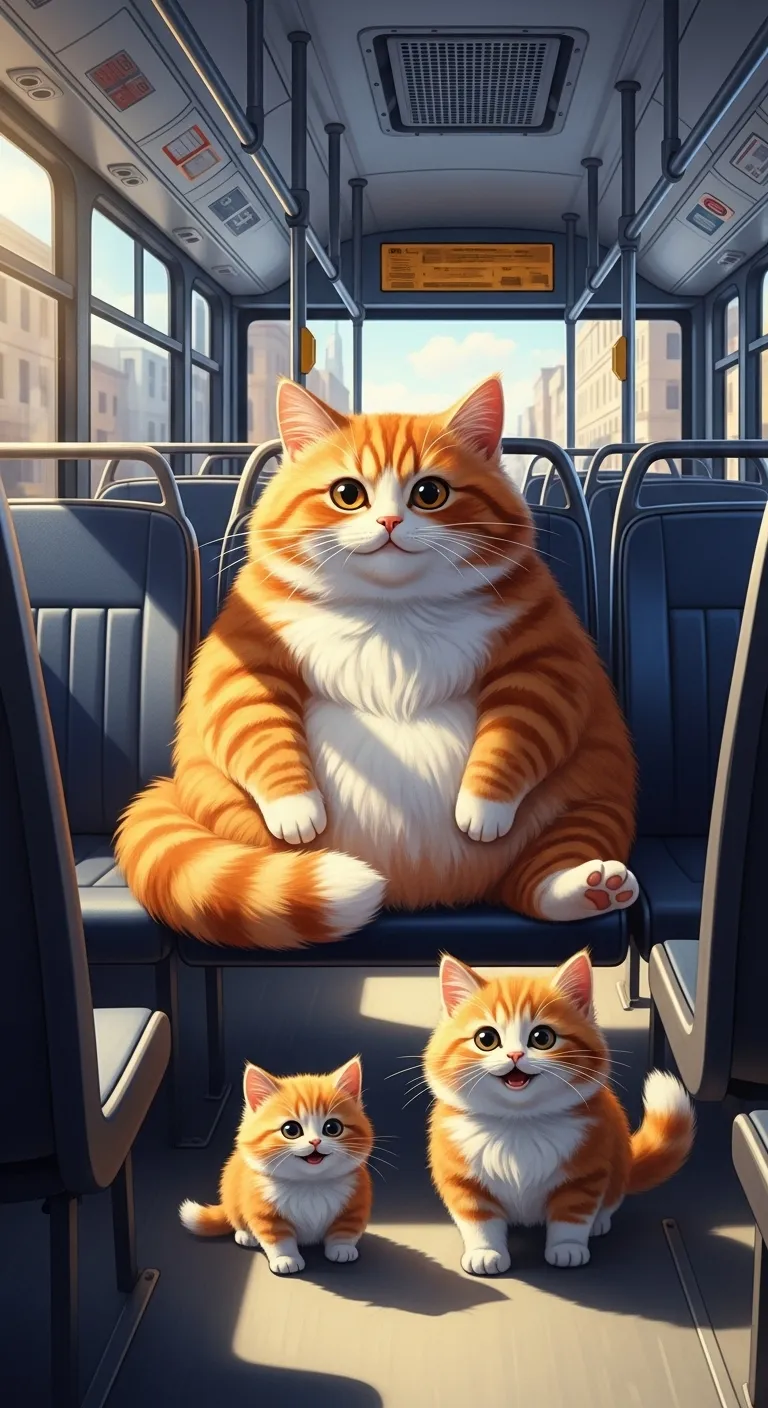 Happy Orange Cat and Kitten on a City Bus