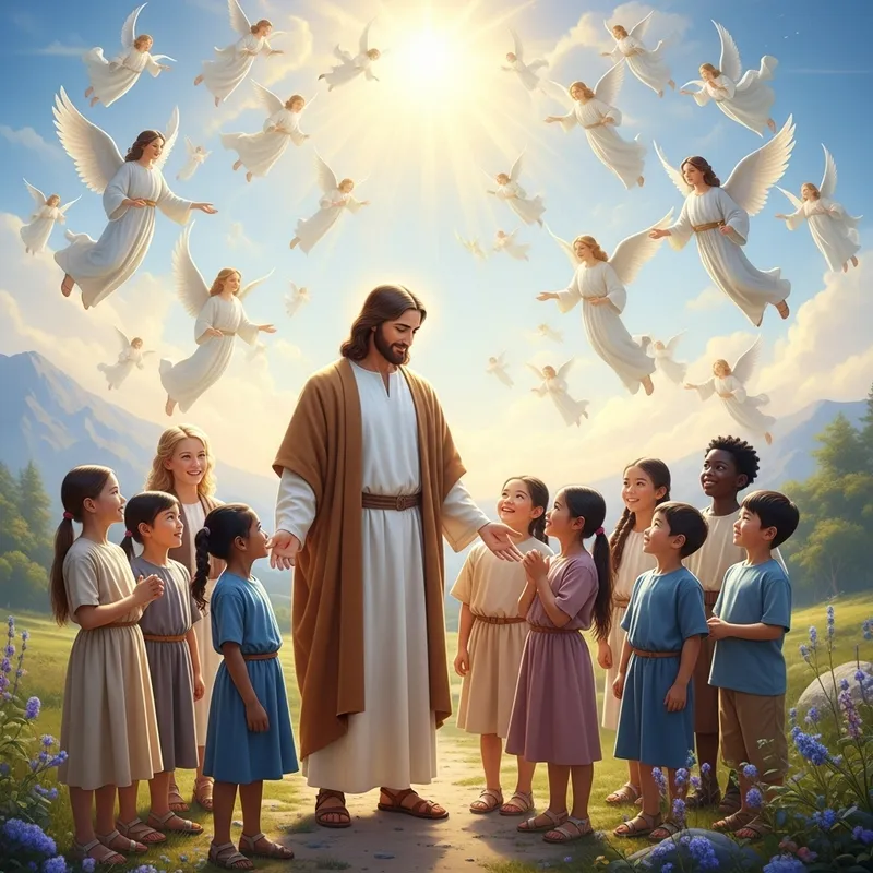Jesus with Children and Angels in Divine Gathering