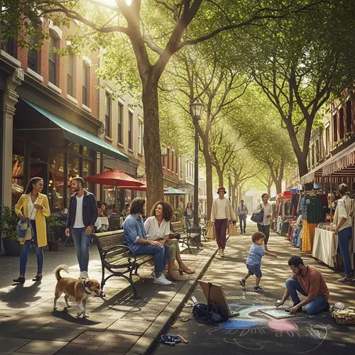 Vibrant Daily Life Scene - Community Activities in Sunlit Streets