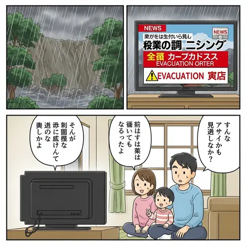 Japanese Manga Illustration: Family Watching TV During Rainstorm