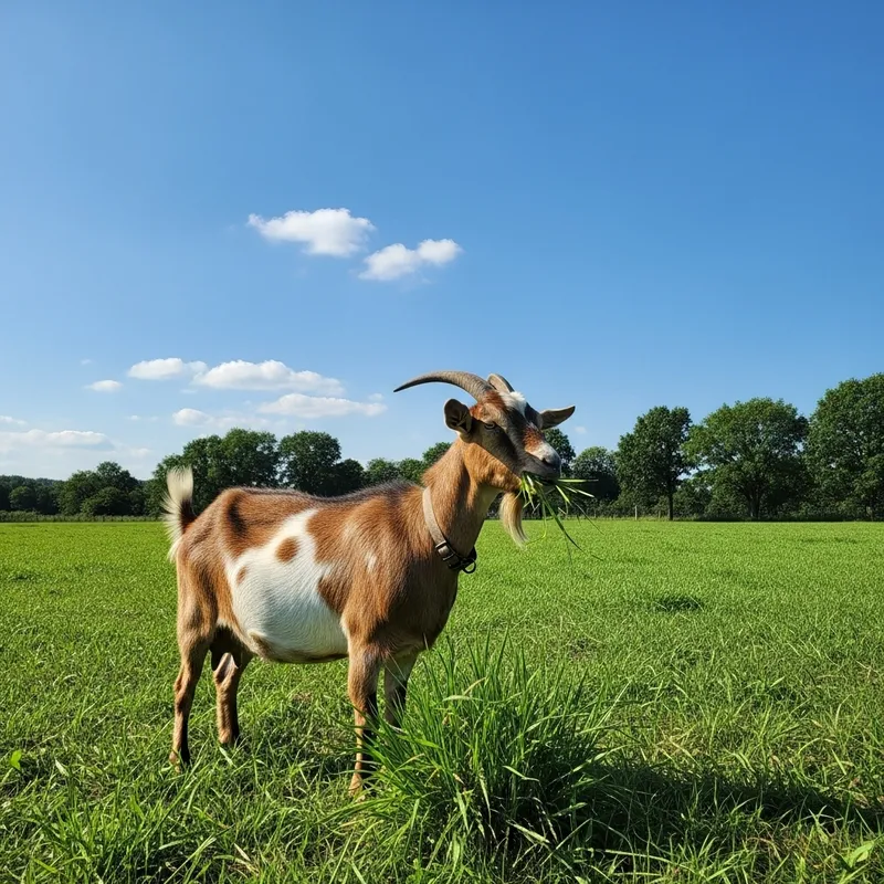 Majestic Brown and White Goat Grazing in Lush Green Field Majestic Brown and White Goat Grazing in Lush Green Field