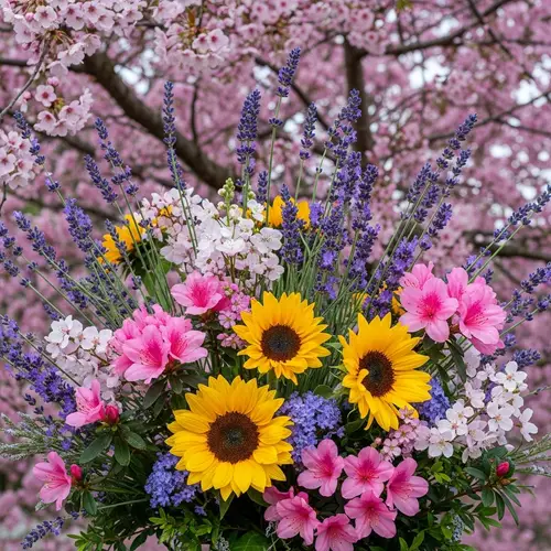 Botanical Arrangement - Vibrant Capture of Cherry Blossoms, Lavender, Sunflowers & Azaleas