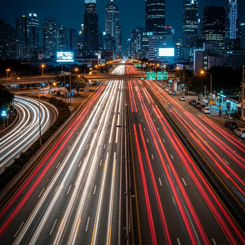 Vibrant Urban Street Photography of Congested Cityscape with Light Trails