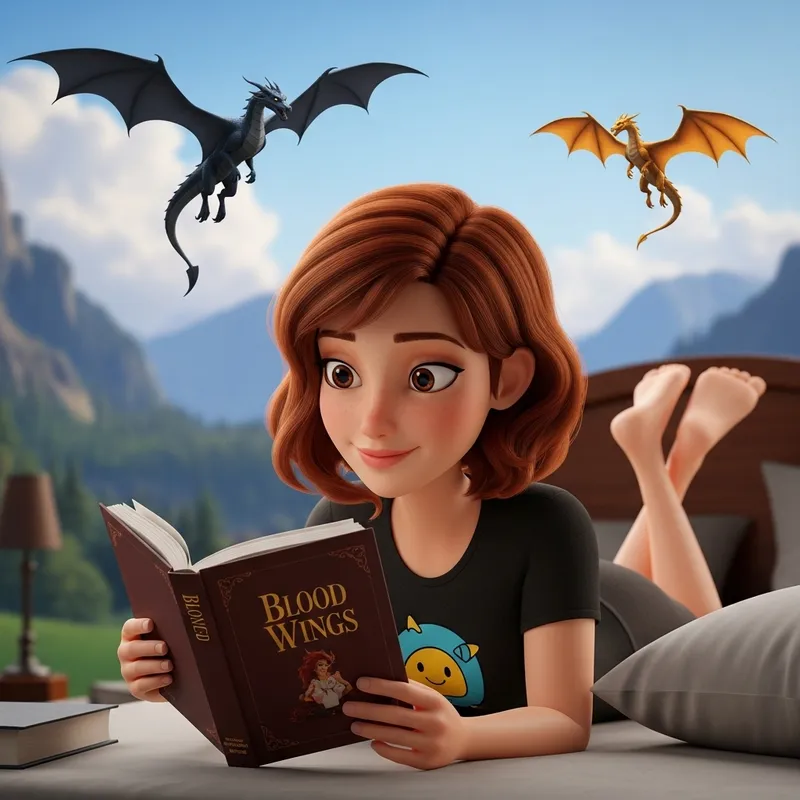 Enchanting 3D Woman Reading 'Blood Wings' Book on Bed in Vibrant Disney Style