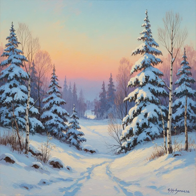 Tranquil Winter Forest Art in Pastel Colors