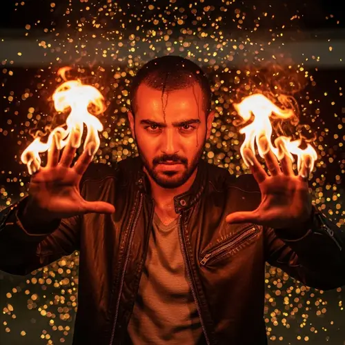 Middle-Eastern Man Controlling Fire with Intense Focus