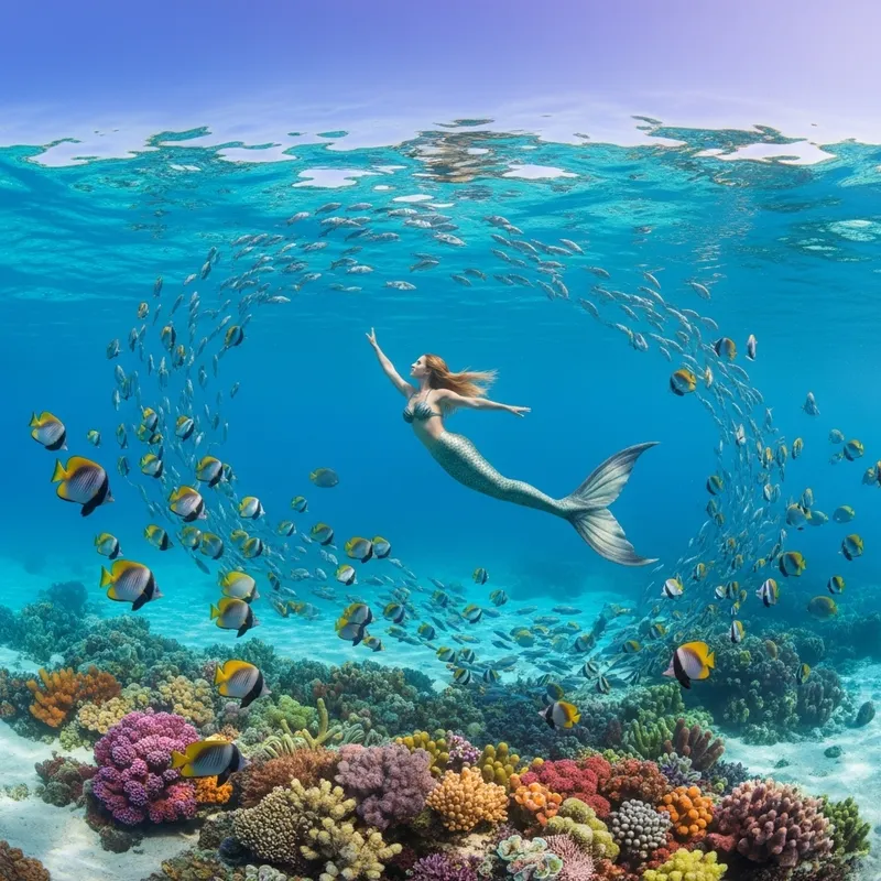 Enchanting Mermaid Swimming Among Vibrant Tropical Fish
