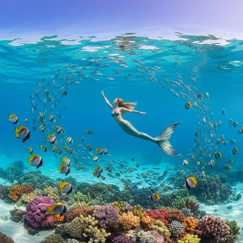 Surreal Underwater World with Mermaid and Tropical Fish