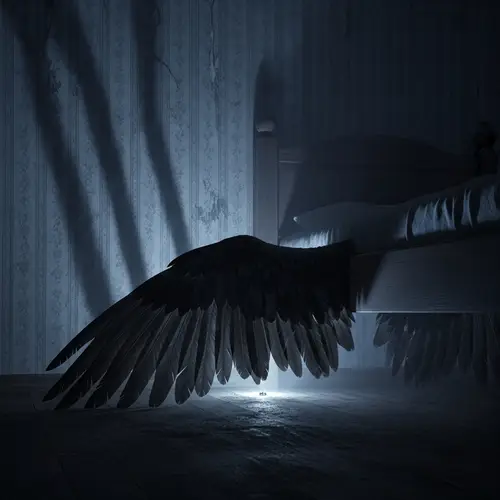 Haunting Bird Wings Under Bed - Hyperrealistic Image