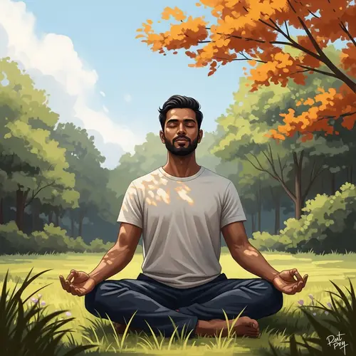 Tranquil South Asian Man Meditating in Nature Painting