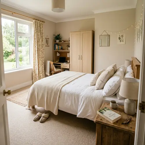 Cozy & Tranquil Bedroom Scene | Comfortable Bed & Warm Decor