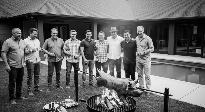 Camaraderie Celebration: Rotisserie Pig in Festive Backyard BBQ