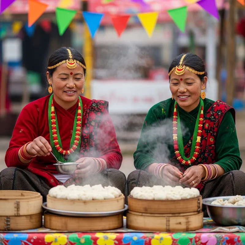 Authentic Nepali Women Selling Delicious MoMos at Holi Festival