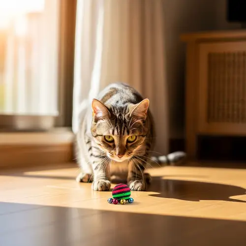 Playful Cat Ready to Pounce on Bouncing Ball