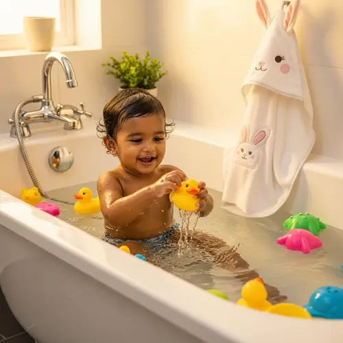 South Asian Child Bathing in Cozy Bathtub with Rubber Duck