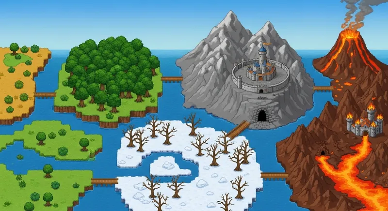 Pixel Art Adventure Scene: Top Down View from Distance