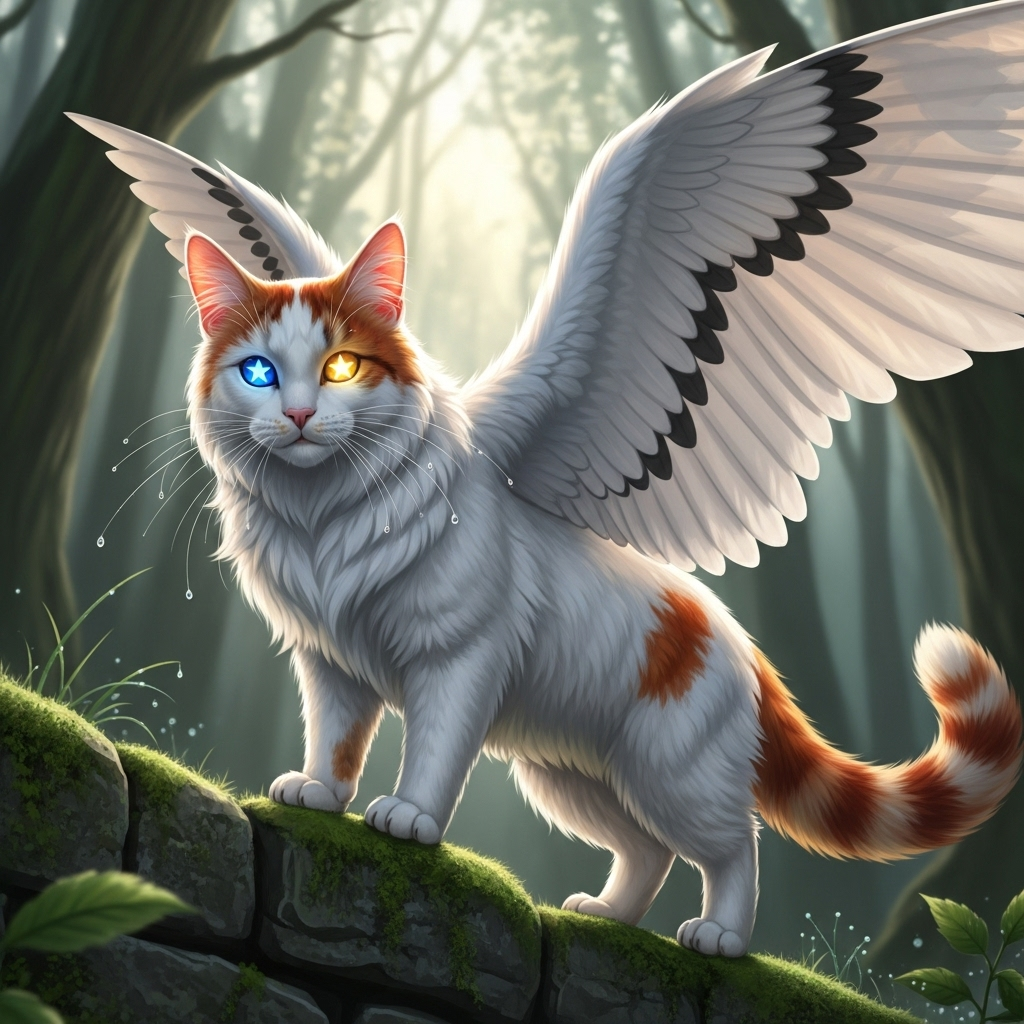 Realistic White Cat with Red Spots and Unique Eyes - Full-Body Wings | AI  Art Generator | Easy-Peasy.AI, image size:1024x1024