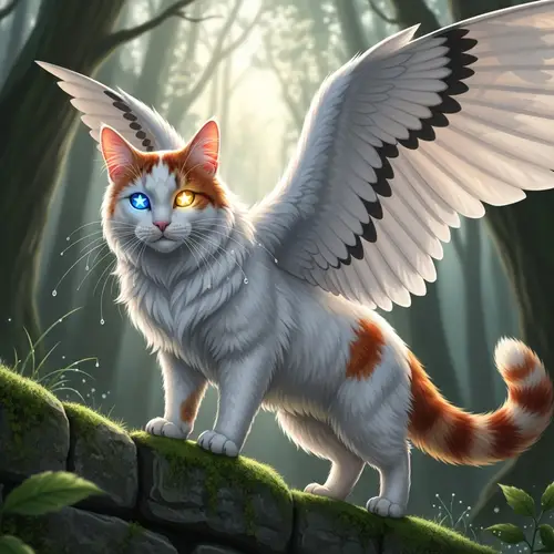 White Cat with Red Patches and Wings - Realistic Full-Body Portrait
