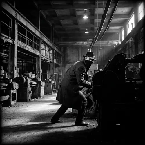 Mysterious Masked Figure in Abandoned Industrial Setting - Noir Thriller