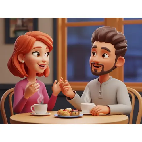 Vibrant 3D Cartoon: Red-Haired Woman & Brown-Haired Man in Cozy Cafe