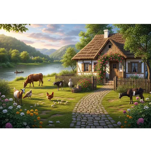 Tranquil Village Along River with Domestic Animals