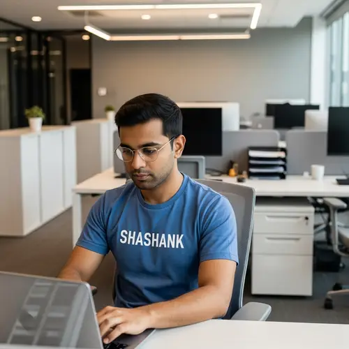 Modern Office with Young South Asian Male Working on Laptop