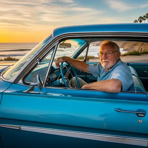 Vintage Blue Car with Relaxed Elderly Man