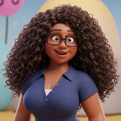 Stylized 3D Animation of Black Woman with Curly Hair & Glasses