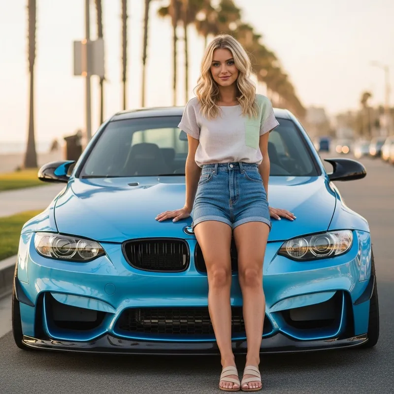 Blonde Girl with Striking Cheekbones Smiling on BMW M3 | Summer Fashion