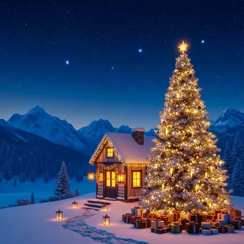 Festive Christmas Atmosphere with Snow-capped Mountains
