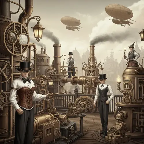 Intricate Steampunk & Automata Scene with Victorian Aesthetics