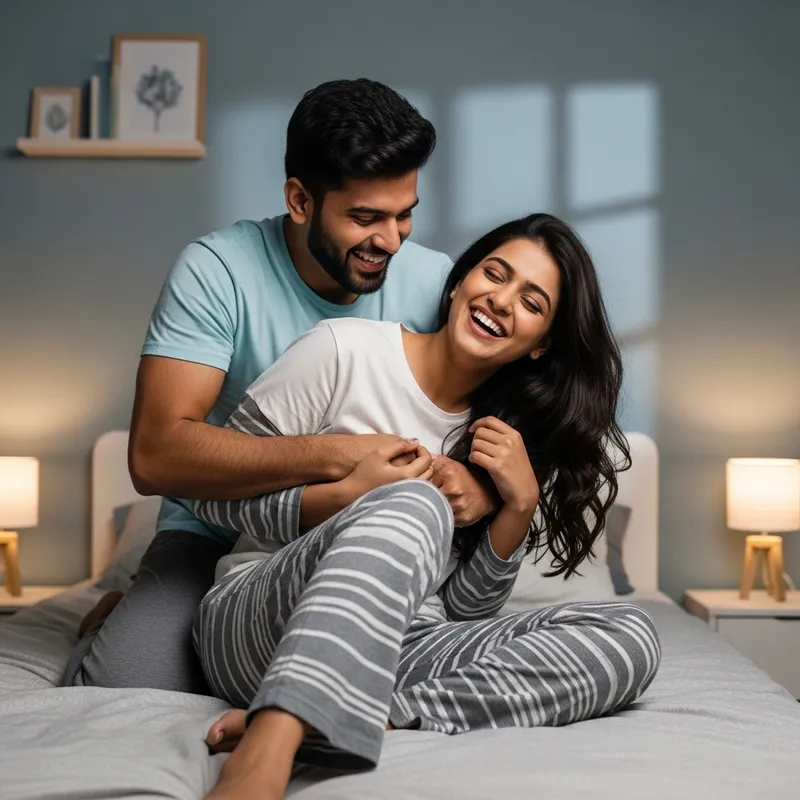 Young Asian Couple Tickling Each Other with Laughter in Bedroom