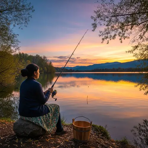 Tranquil Fishing Scene by a Serene Lake at Sunset