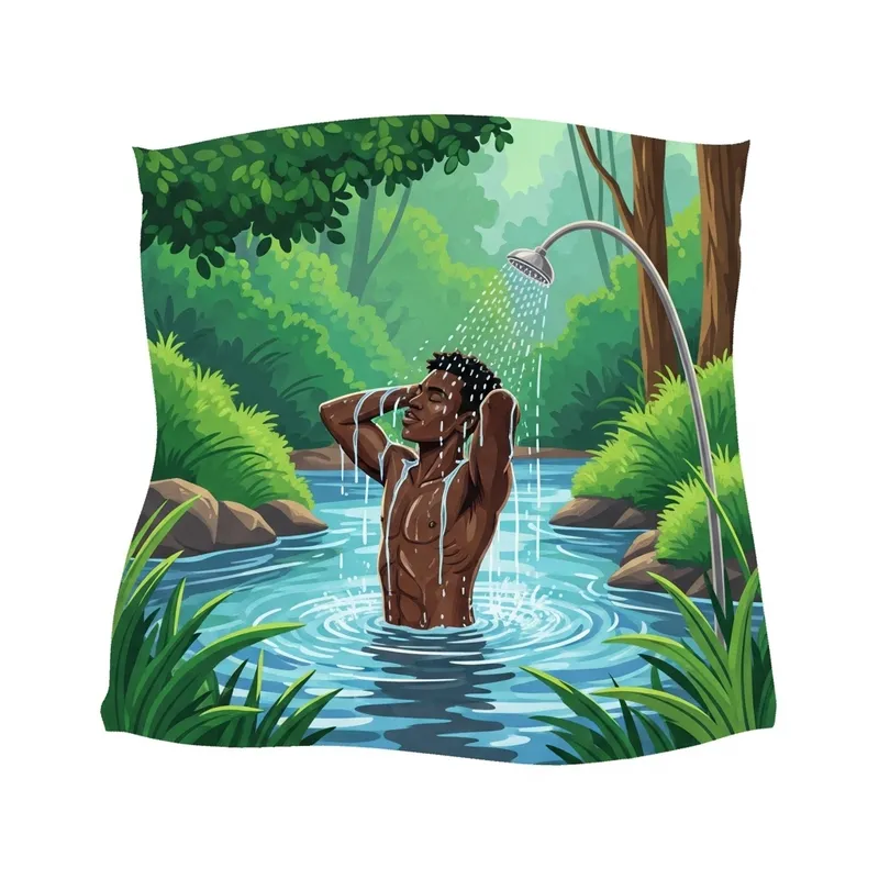 Refreshing Nature Scene: Man Showering in Vibrant Waters