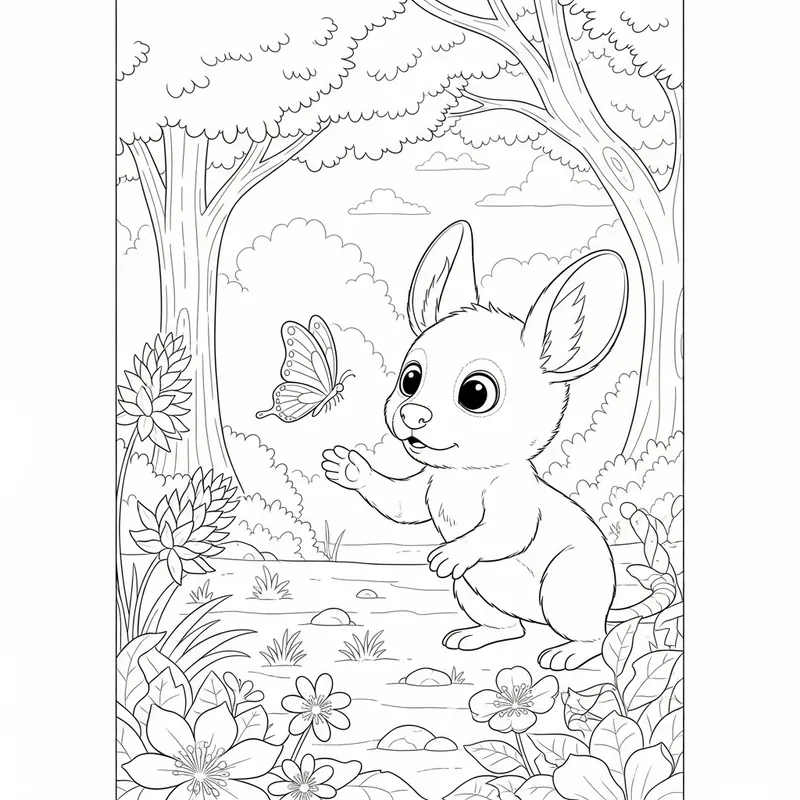 Wild Spirit Coloring Page: Cute Jerboa in Zen Park with Butterfly
