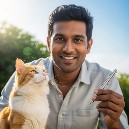 South Asian Man with Friendly Cat Outdoors
