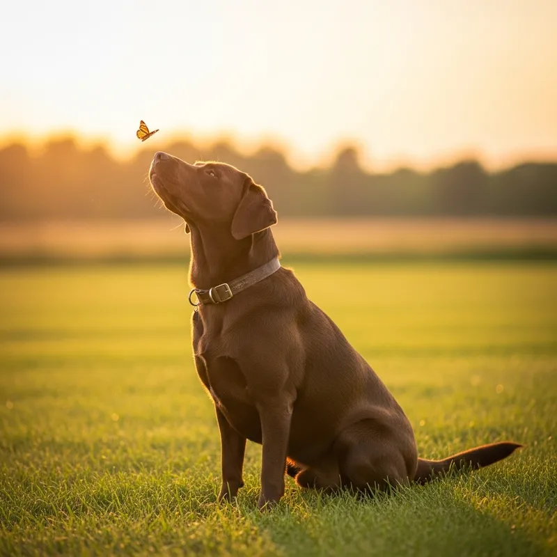 Brown Labrador Retriever Watching Butterfly