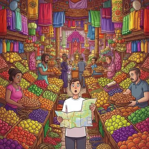 Inexperienced Person in Vibrant Marketplace | Colorful Chaos