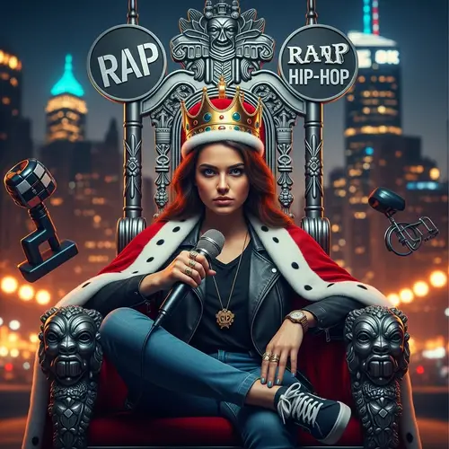 Regal Queen of Rap on Throne with Microphone in City Scene