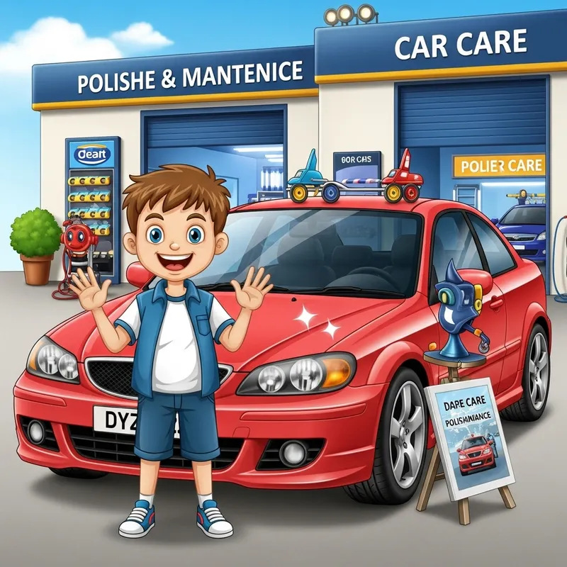 Excited Kid Next to Shiny Car at Professional Detailing Service Excited Kid Next to Shiny Car at Professional Detailing Service