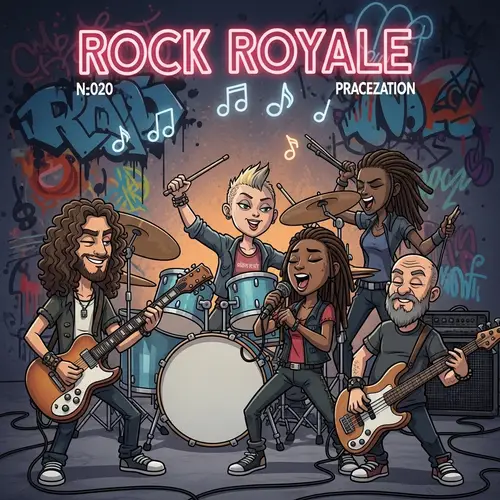 Rock Royale Magazine: Cartoon Cover with Diverse Rock Band Members