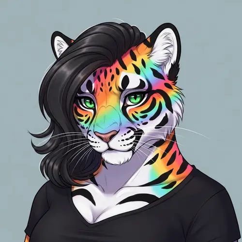 Feminine Anthro Cougar with Rainbow Fur and Green Eyes