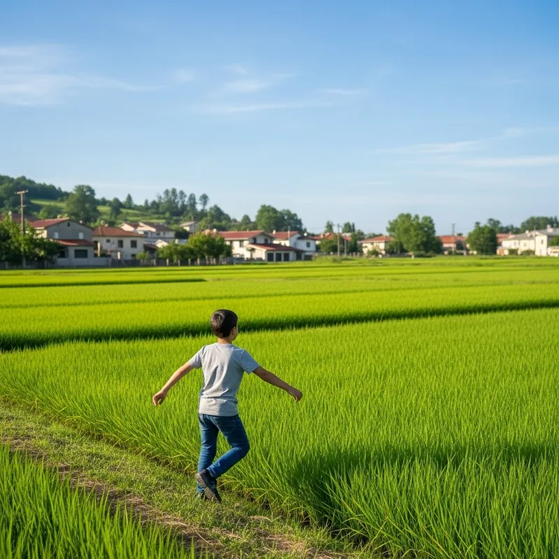 Tranquil Scene: Peaceful 10-year-old Boy in Small Town with Rice Fields Tranquil Scene: Peaceful 10-year-old Boy in Small Town with Rice Fields