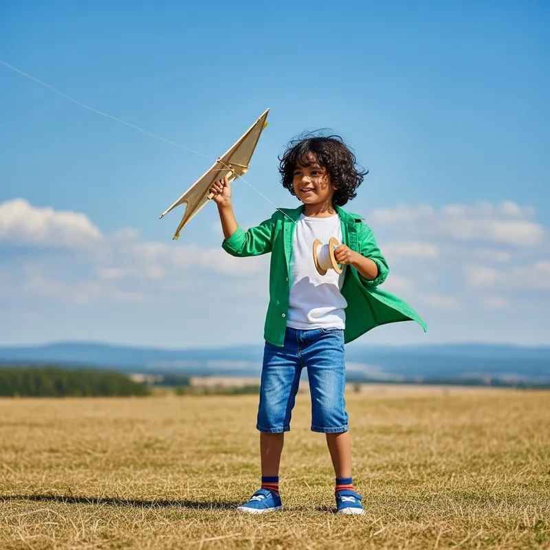 Joyful South Asian Boy Flying Kite in Open Field
