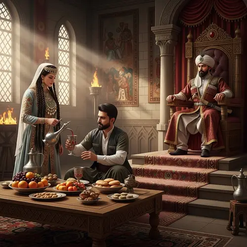 Medieval Palace Scene: Kurdish Woman Pouring Wine for King