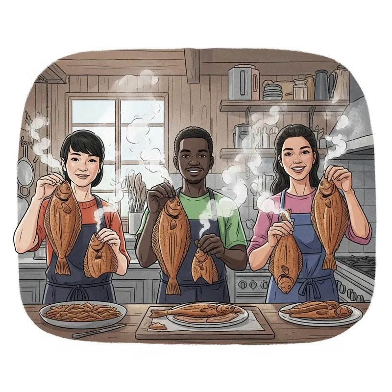 Three Addicts Smoking Sole Fish in Kitchen Three Addicts Smoking Sole Fish in Kitchen