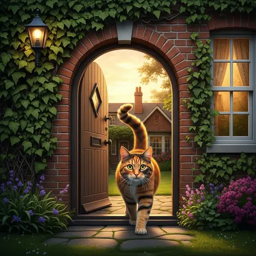 Vibrant Orange and Black Cat Exploring Quaint House