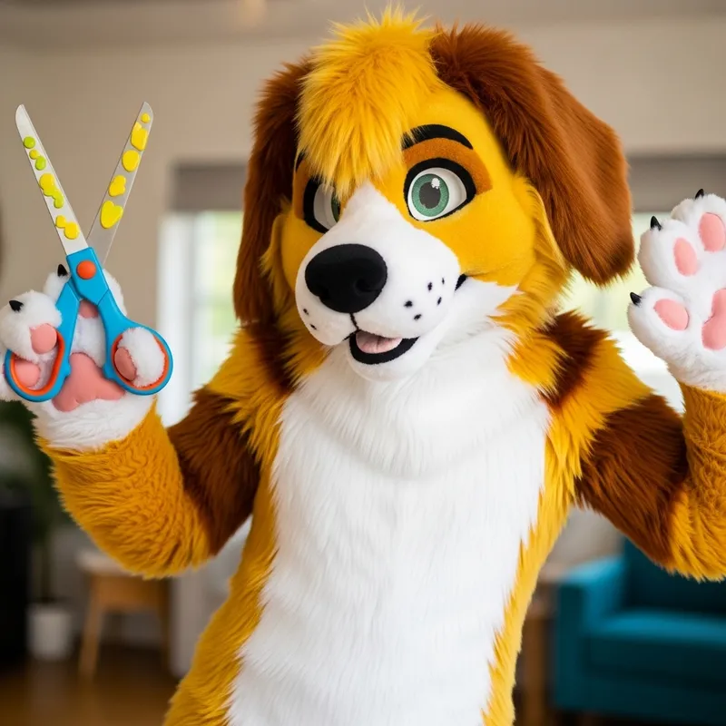 Fursuit Dog with Scissors: Playful Canine Craft Fursuit Dog with Scissors: Playful Canine Craft